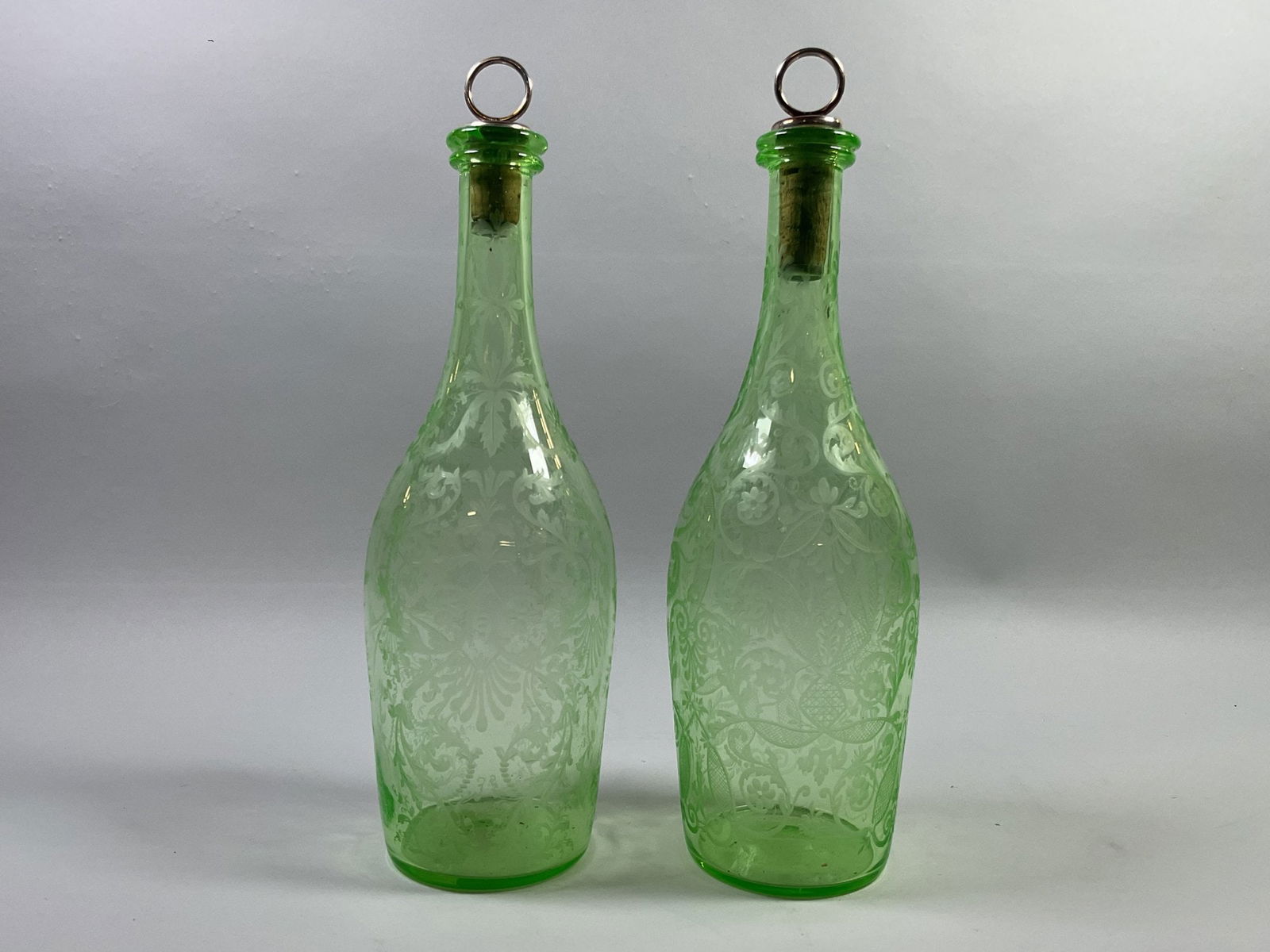 Pair Of Continental Etched Green Glass Decanters, C. 1890 (2): H: 11 3/4 inches
