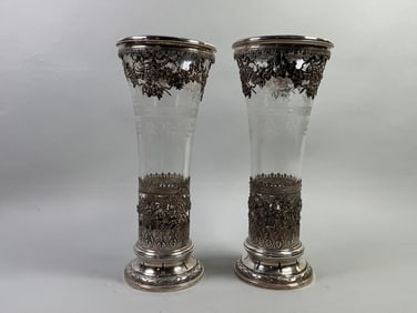 Pair Of Continental Silver Mounted And Engraved Glass Vases, Late 19th Century (2)