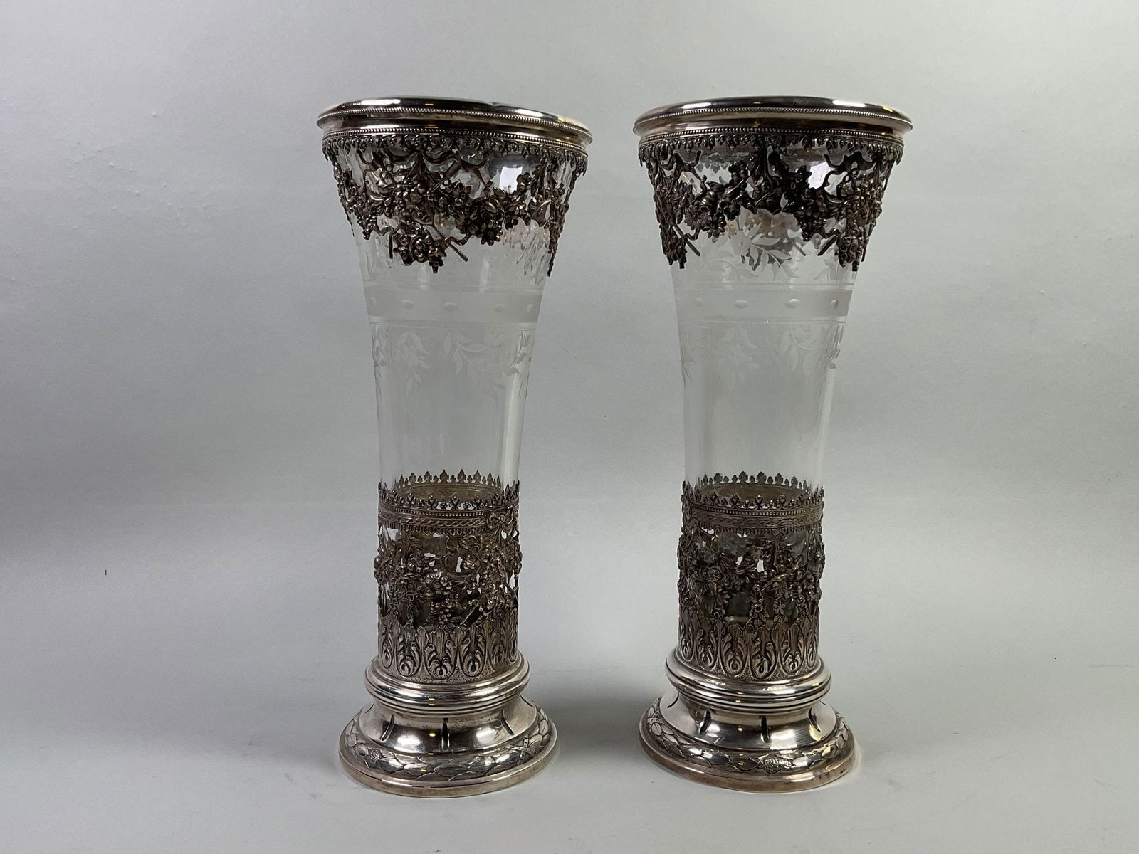 Pair Of Continental Silver Mounted And Engraved Glass Vases, Late 19th Century (2): hallmarks to underside H: 11 1/4 inches