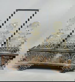 English Silver Plated Three Piece Cut Crystal Cruet Set, C. 1900 (4)