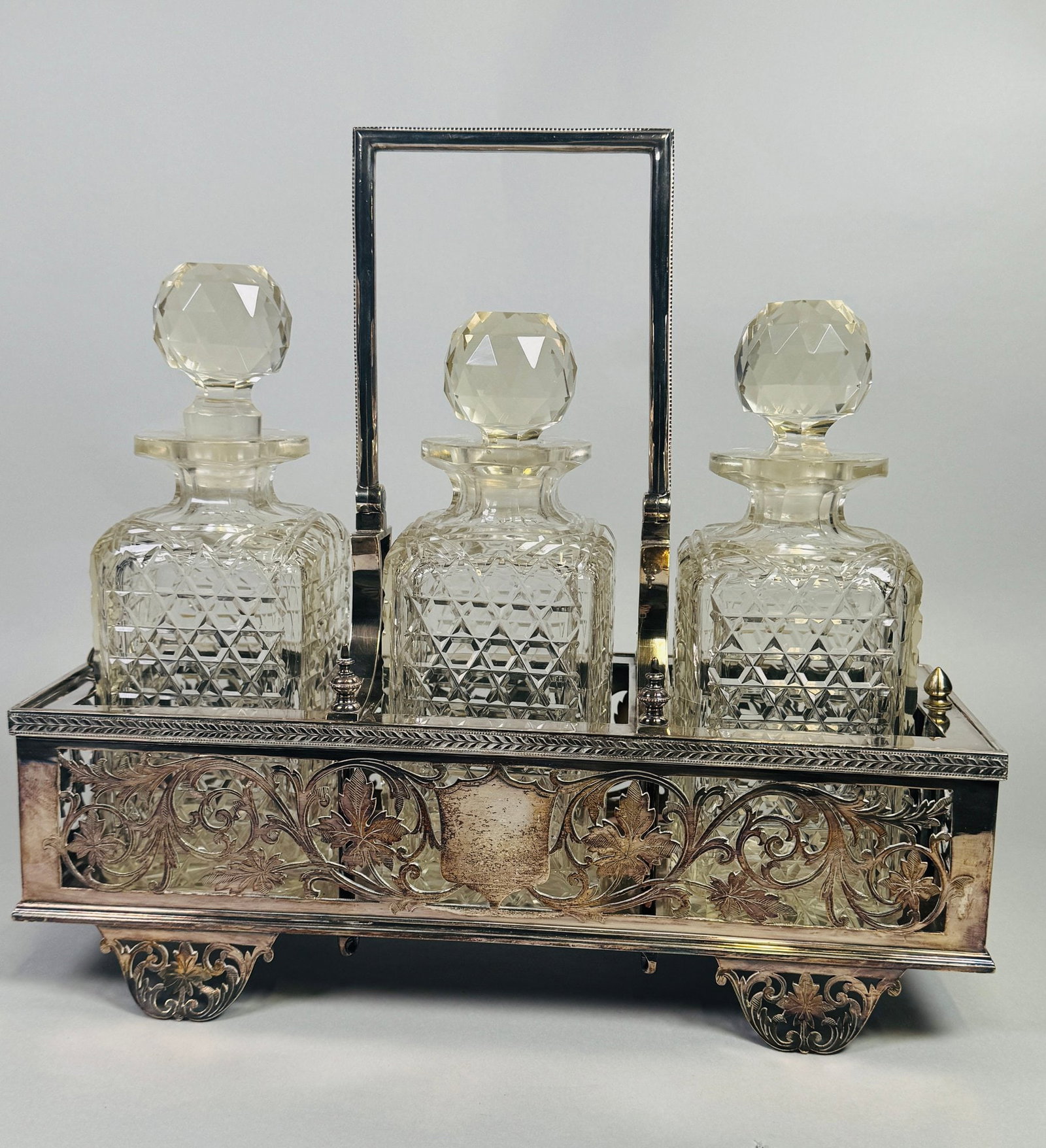 English Silver Plated Three Piece Cut Crystal Cruet Set, C. 1900 (4) (1 of 4)