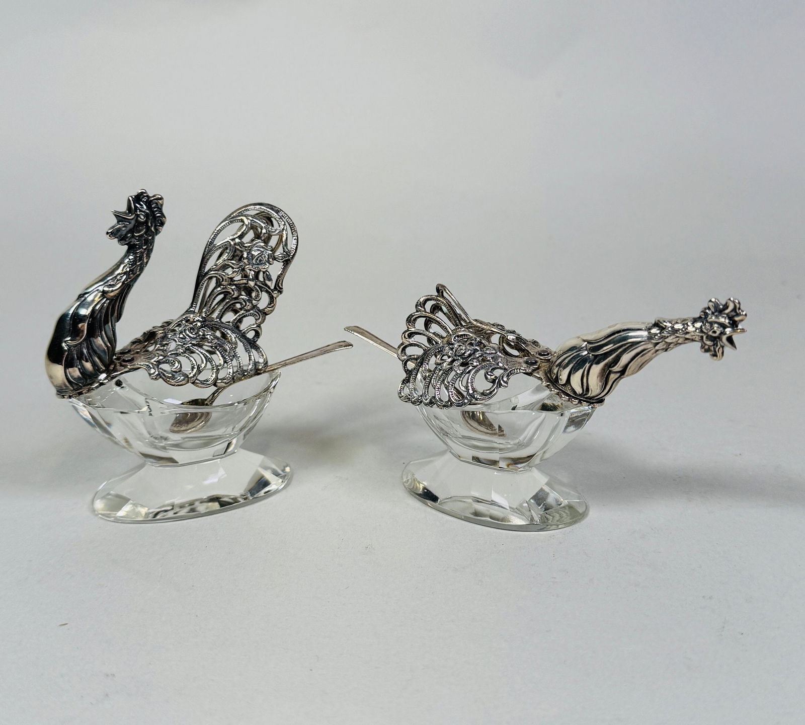 German .830 Crystal Rooster Salt Cellars With A Pair Of Sterling Silver Spoons (4) (1 of 7)