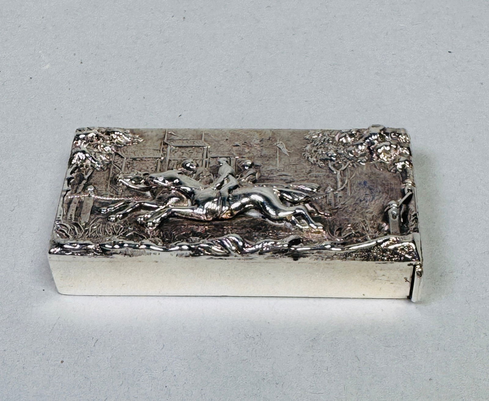 English (William Neale, Birmingham, 1892) Sterling Silver Match Case With Figures In Relief Playing (1 of 5)