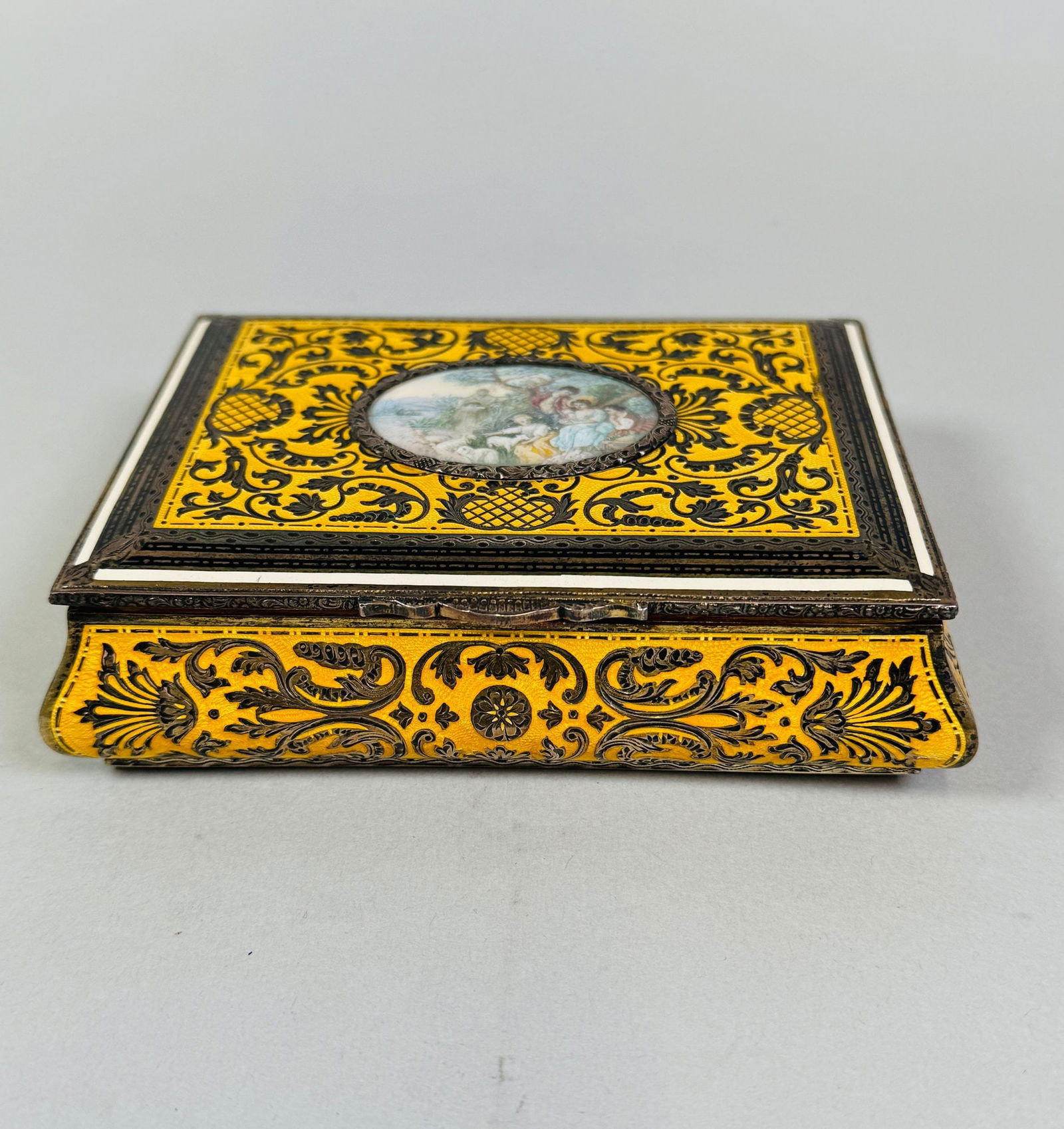 Austrian Sterling Silver And Yellow Enamel Box With Miniature, C. 1915 (1 of 4)