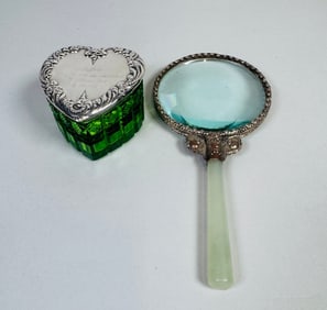Green Cut Glass Box With Sterling Silver Lid And A Silver Plated Magnifying Glass With Hardstone