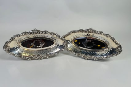 Pair Of English (Birmingham, 1908) Sterling Silver And Pique Dishes