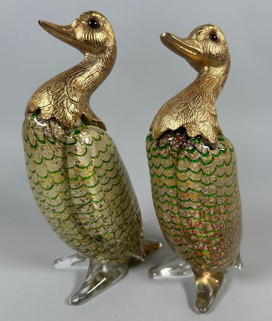 Ferro & Lazzarini Italian Murano Brass Mounted Green And Gold Leaf Cased Glass Ducks (2): H: 10 x w: 5 1/2 inches signed on underside: F. Lazzarini Murano