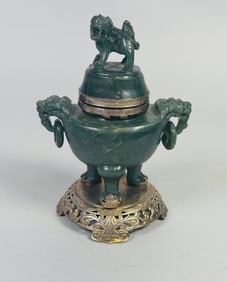 Edward L. Farmer (New York) Gilt Silver Chinese Spinach-Jade Incense Burner Ink Stand, C. 1900