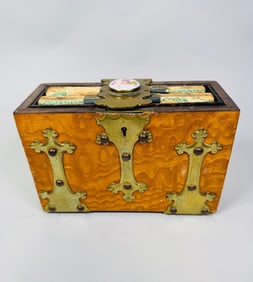 Howell, James & Co. (london) Gothic Revival Oak And Brass Bound Box With Two Small Ledgers, C. 1875