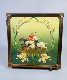 Victorian Equestrian Pollo Celluloid And Brass Triptych Vanity Mirror, C. 1890