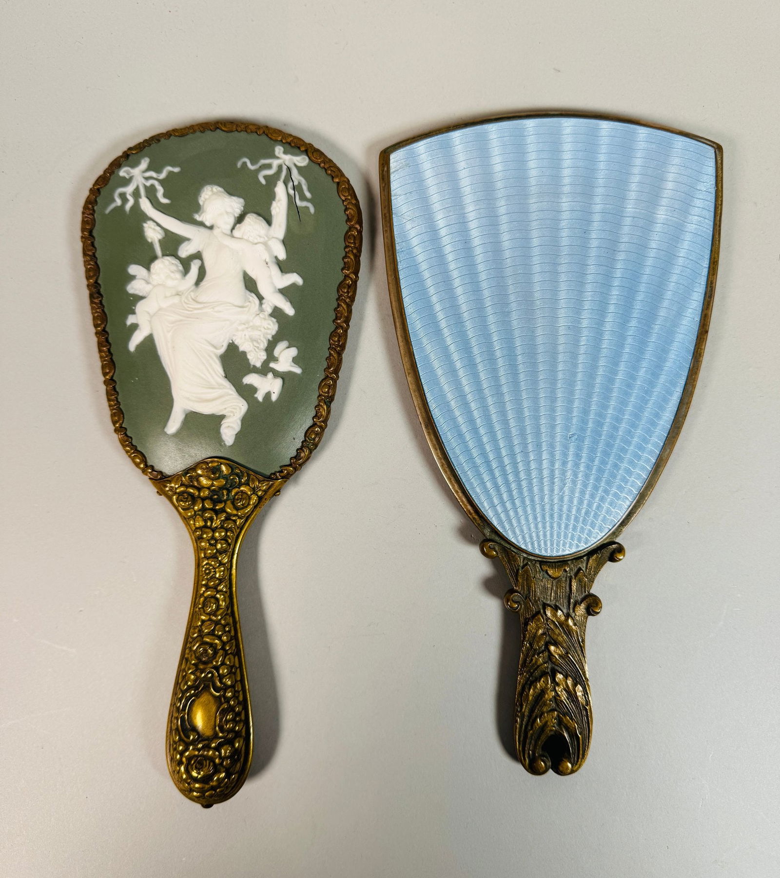 French Guilloche Enamel Hand Mirror And A Porcelain Mounted Hand Mirror, C. 1900 (2) (1 of 7)