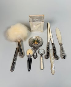 Collection Of Sterling Silver And Mother Of Pearl Women's Vanity Accessories (9)