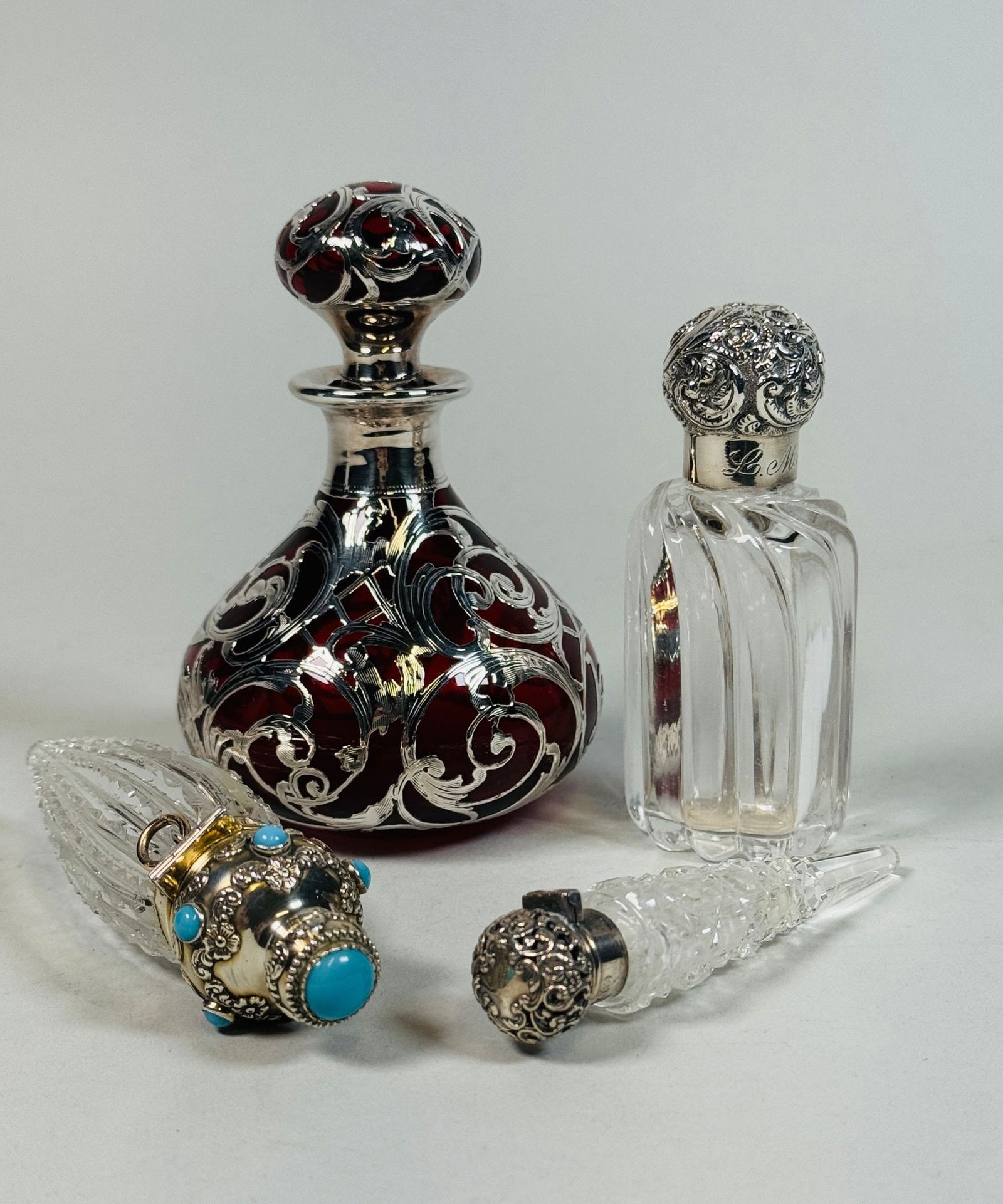 Three Sterling Silver Topped Scent Bottles And A Overlay Cranberry Glass Bottle (4) (1 of 7)
