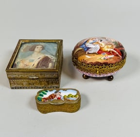French Hand Painted Enamel Trinket Box, Together With Two Brass Boxes With Portraits (3)