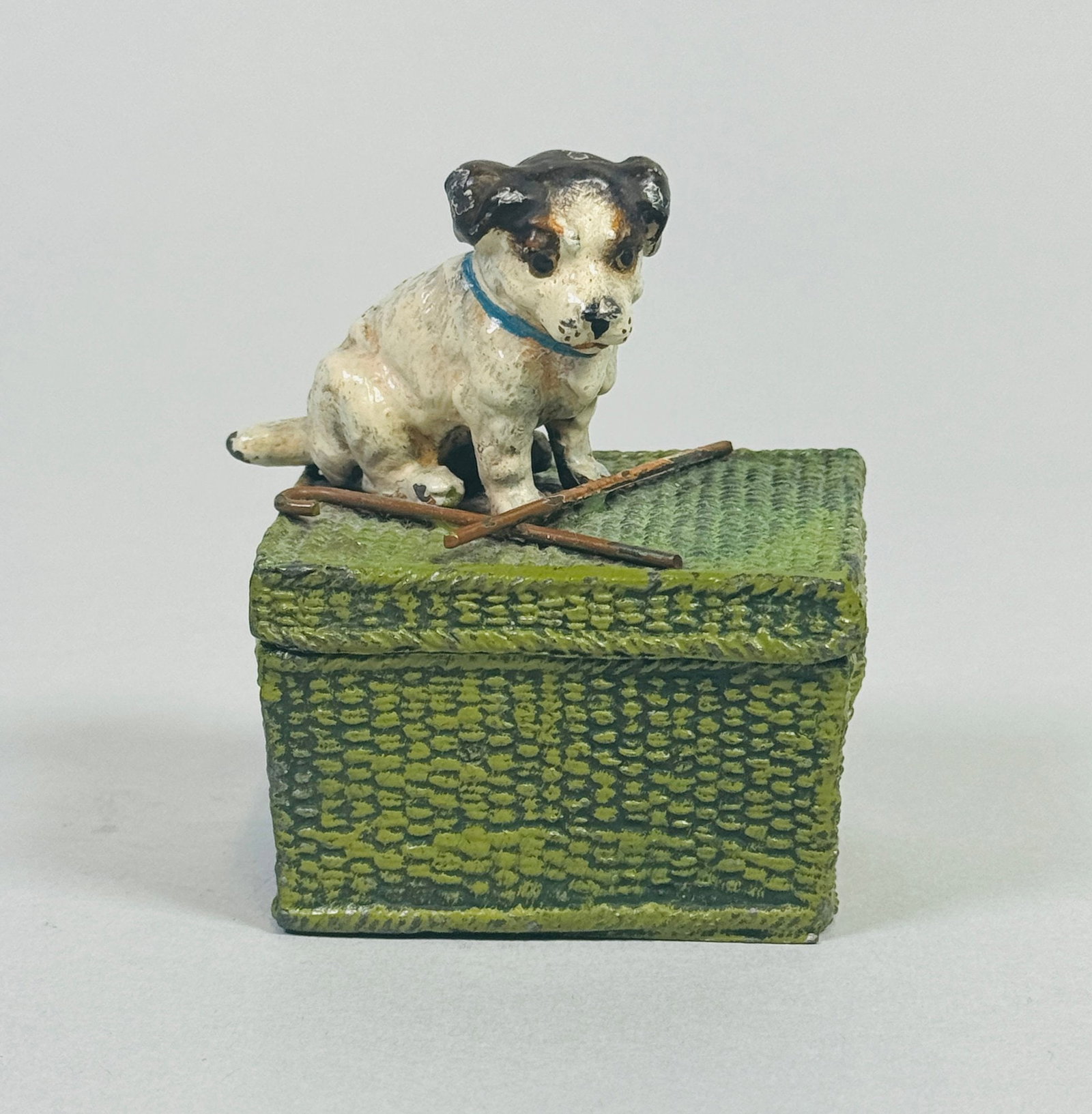Austrian Cold Painted Spelter Inkwell Of A Puppy Atop A Basket, C. 1900 (1 of 3)