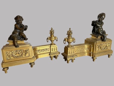 Pair Of Louis XVI Style Gilt Bronze Andirons Or Chenets