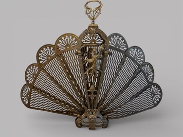 Large Brass Mid-century Folding Peacock Fireplace Screen Art Nouveau Style