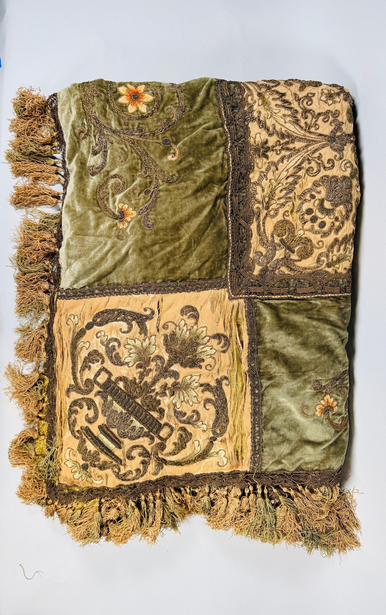 Victorian Silk And Velvet Square Table Cover, Late 19th Century: 78 x 76 inchesCONDITION: wear consistent with age/use separating and thinning to silk areas particularly to one corner