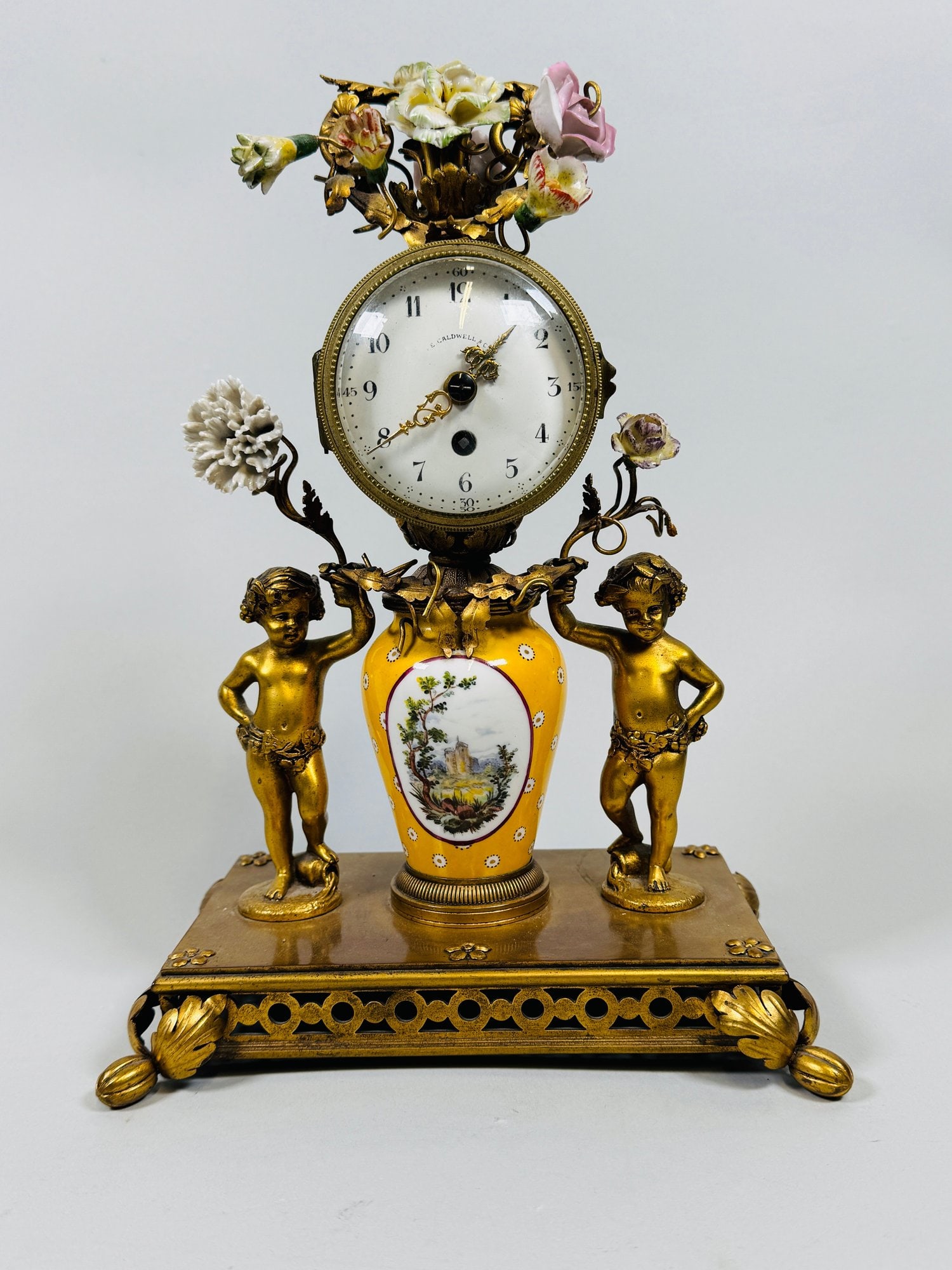 French Porcelain And Bronze Mounted Mantel Clock, Retailed By E. Caldwell, C. 1920 (1 of 8)
