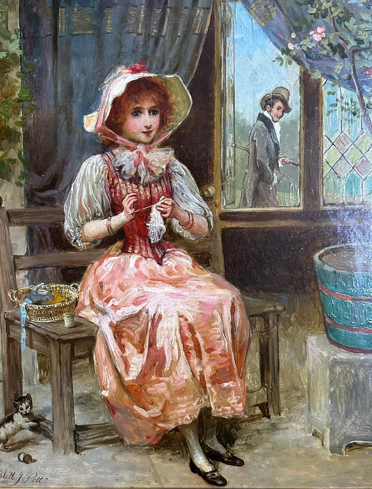 Laslett John Pott (American/English, 1837 - 1898), Young Woman Sewing, Oil On Board: signed 'Laslett J. Pott' (lower left) H: 22 x w: 24 inches (framed) H: 18 x w: 14 inches(board)