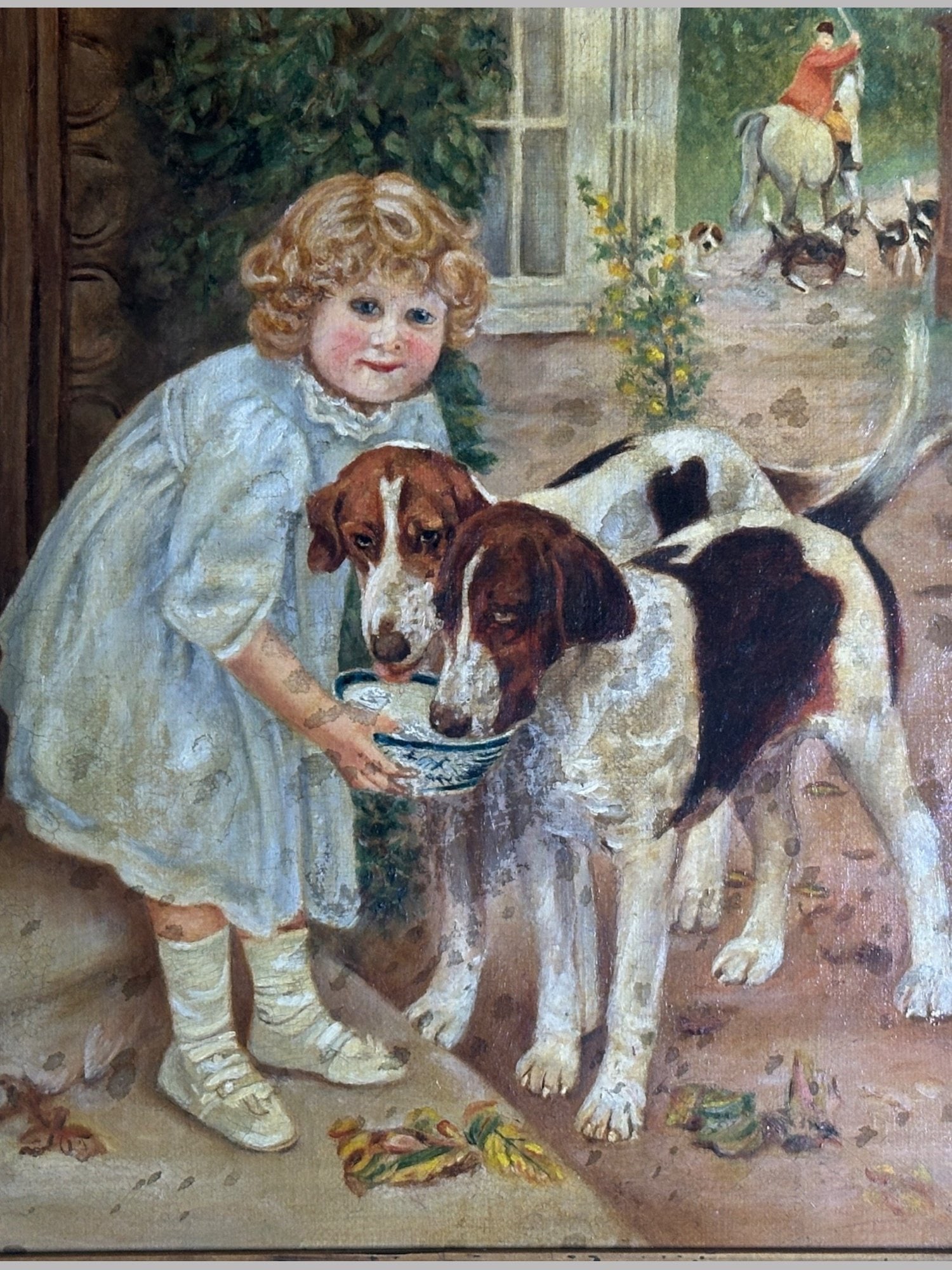 British School, Feeding The Hounds Or Girl With Two Hounds, C. 1893: H: 14 1/2 x w: 13 1/2 inches (framed) H: 9 x w: 8 inches (stretcher)