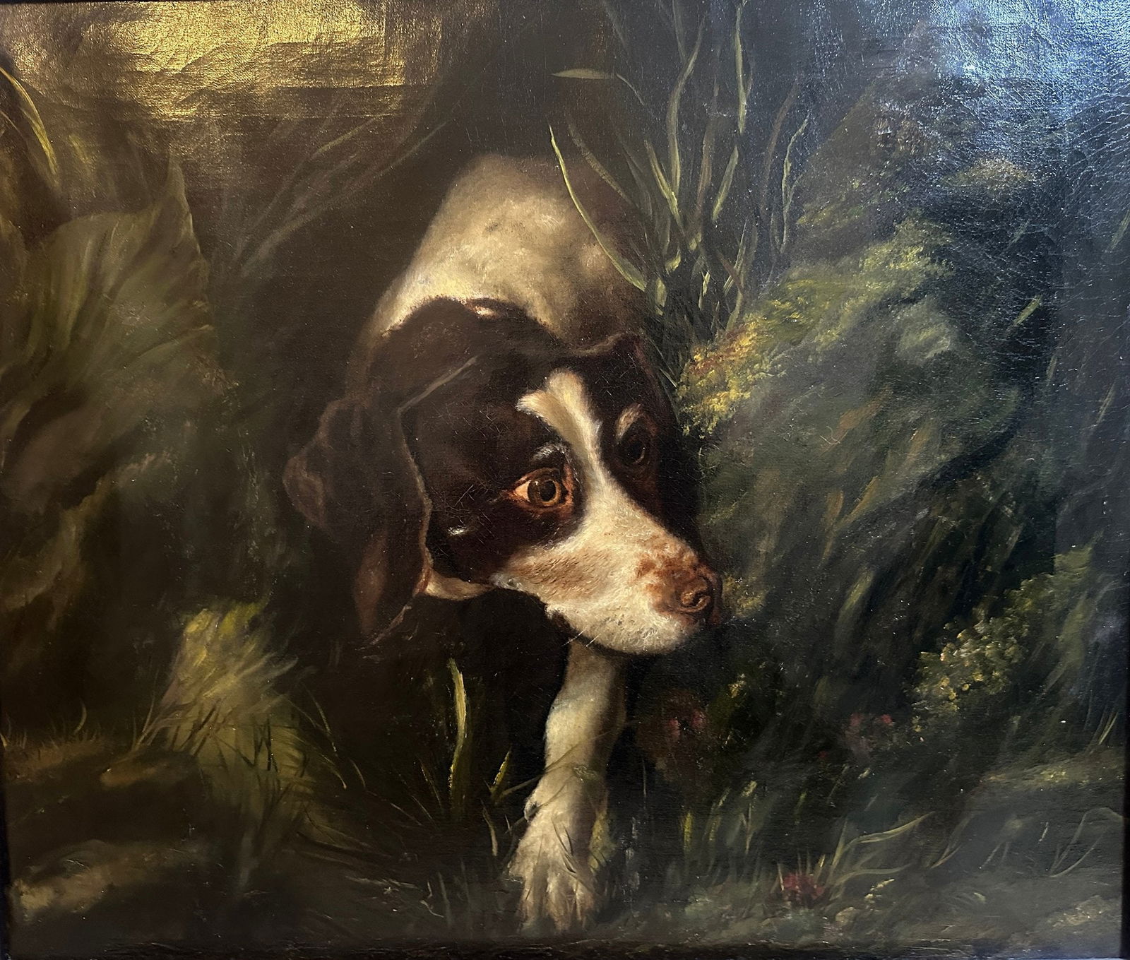 Unknown Artist, British School, Spaniel Hunting, 19th Century: oil on canvas H: 25 1/4 x w: 29 inches (framed) H: 20 x w: 24 inches (stretcher)