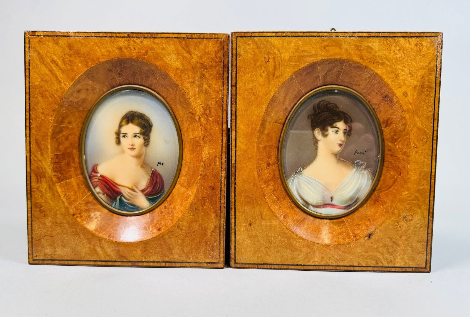 Pair Of French Hand Painted Miniature Portraits In Burl Wood Frames, 19th Century (1 of 6)