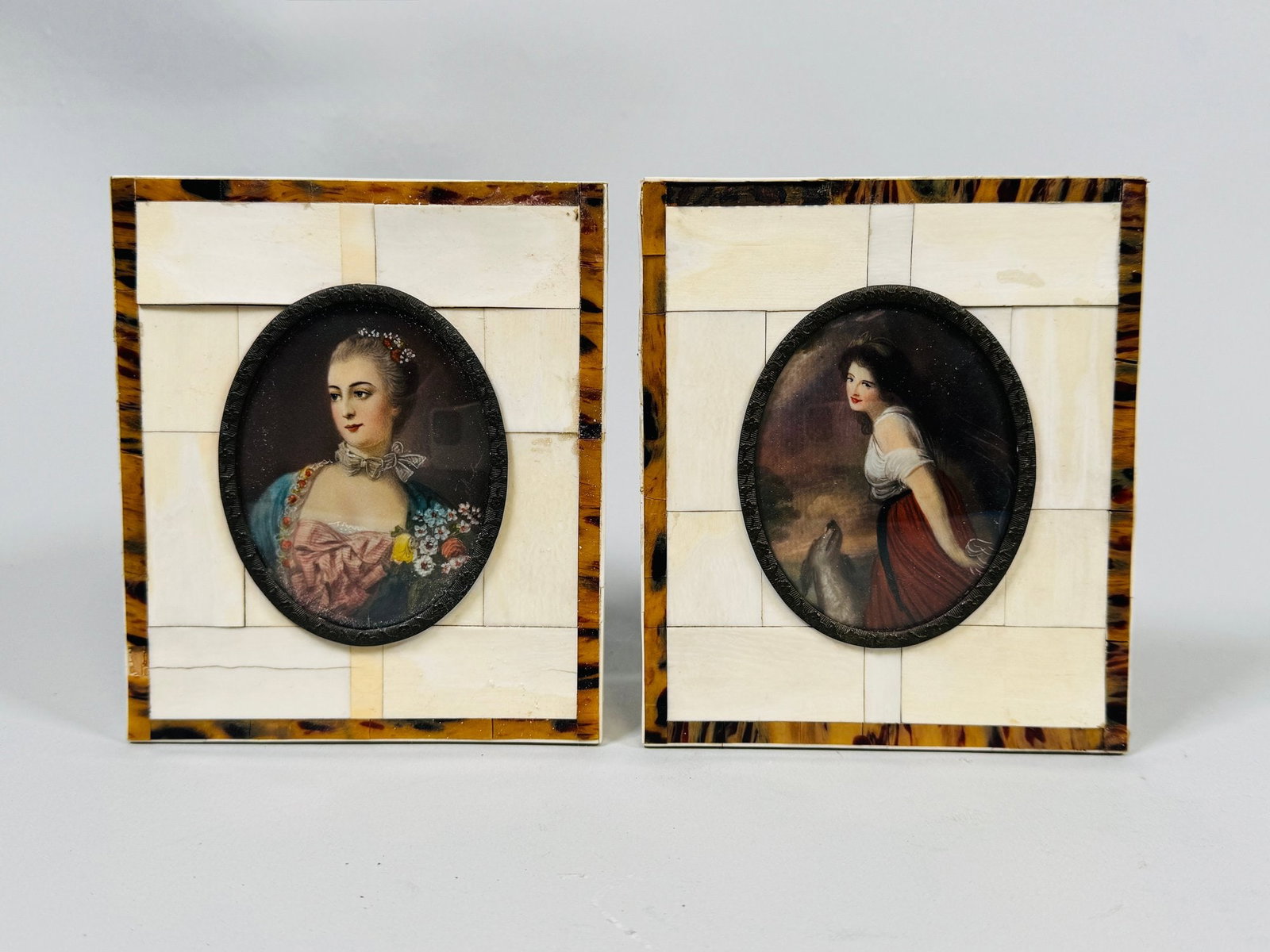Pair Of German Hand Painted Miniature Portraits In Piano Key Frames, 19th Century (1 of 7)