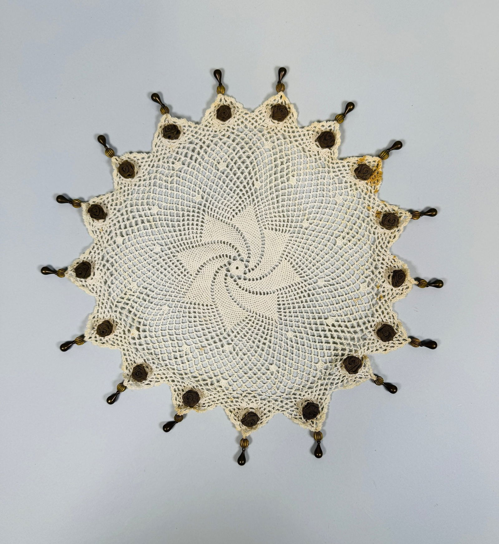 Crocheted Jug Doily With Floral And Beaded Weights, C. First Half 20th Century (1 of 5)