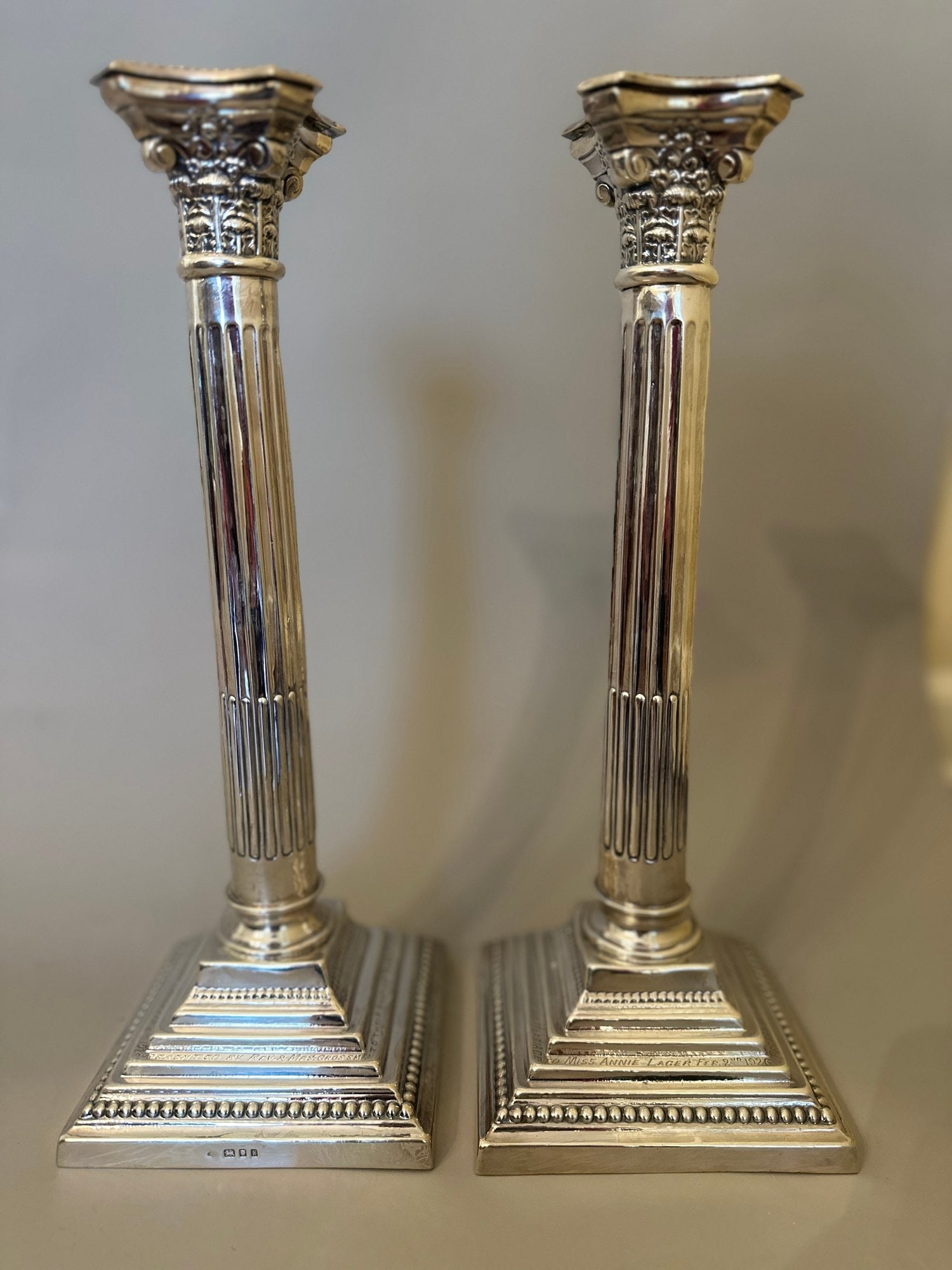 Pair Of English (london) Neoclassical Sterling Silver Columnar Candlesticks, C. 1925 (1 of 3)