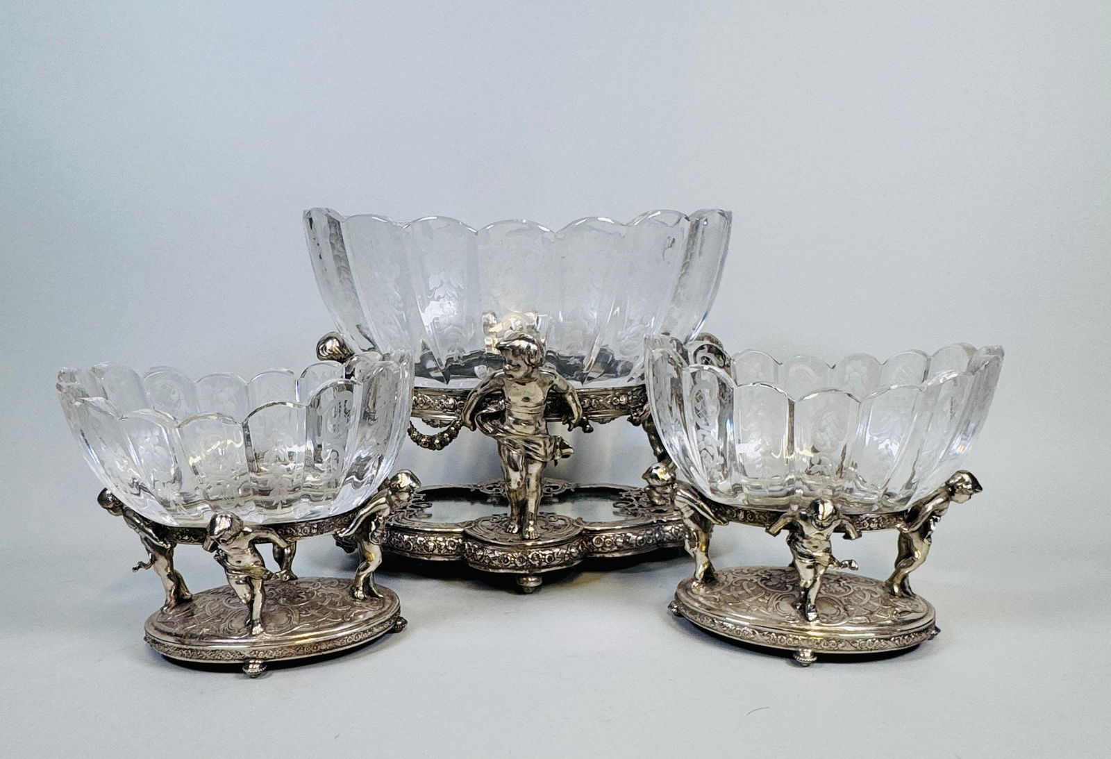 German 800 Silver Mounted Figural Putti Cut Glass Three Bowl Centerpiece (3), C. Late 19th/early (1 of 9)