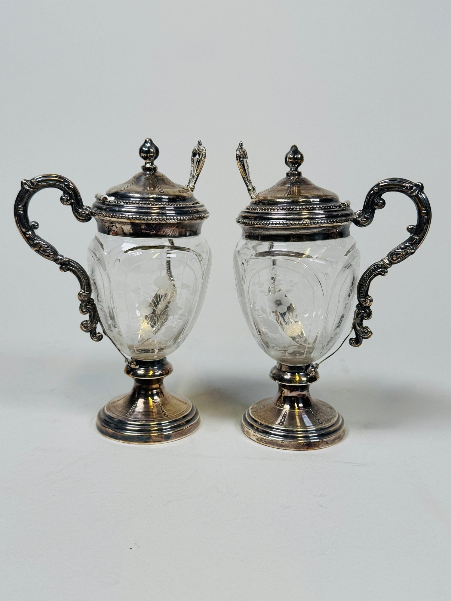 Pair Of Continental Weighted Silver And Cut Glass Condiment Pots And Associated Spoons (4) (1 of 6)