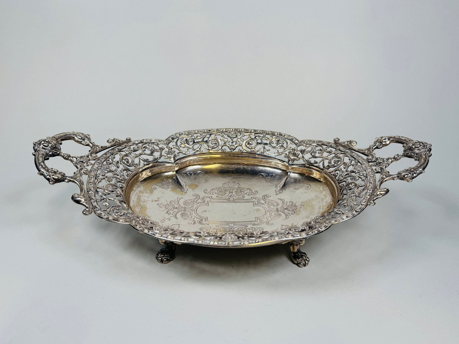 German .800 Silver Two Handled Pierced Oval Serving Dish: H: 2 1/2 x w: 15 x d: 8 1/2 inches, OZT: 20.48