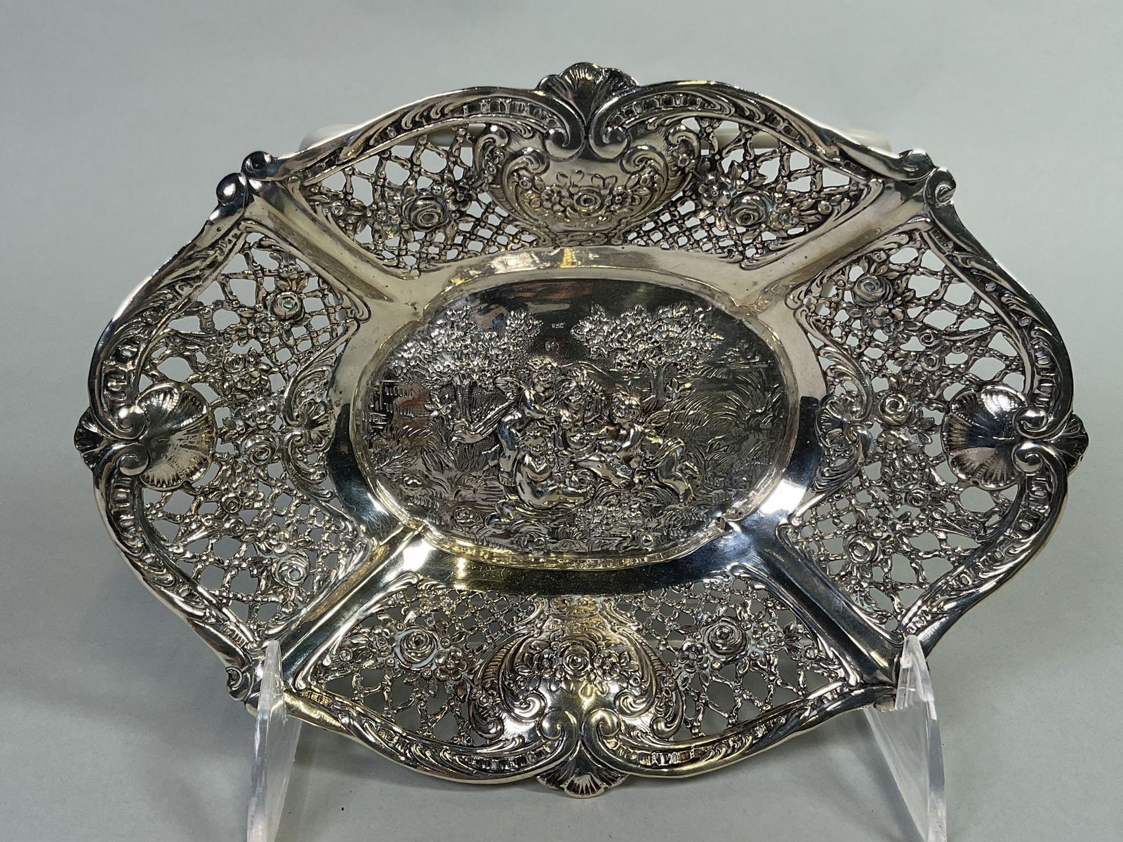 German .800 Silver Pierced Dish, 19th Century: H: 1 1/8 x w: 7 1/2 inches , OZT: 4.24