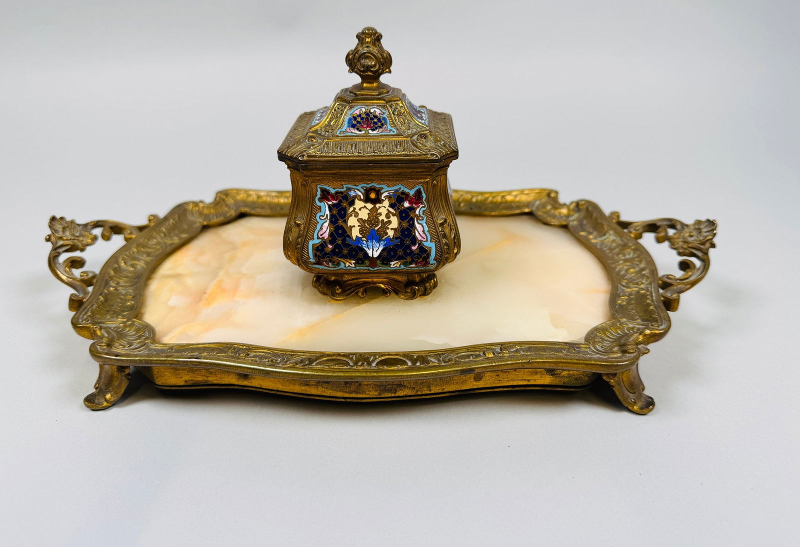 Champleve Enamel, White Onyx And Gilt Bronze Metal Inkwell Desk Set, C. Late 19th Century (1 of 6)