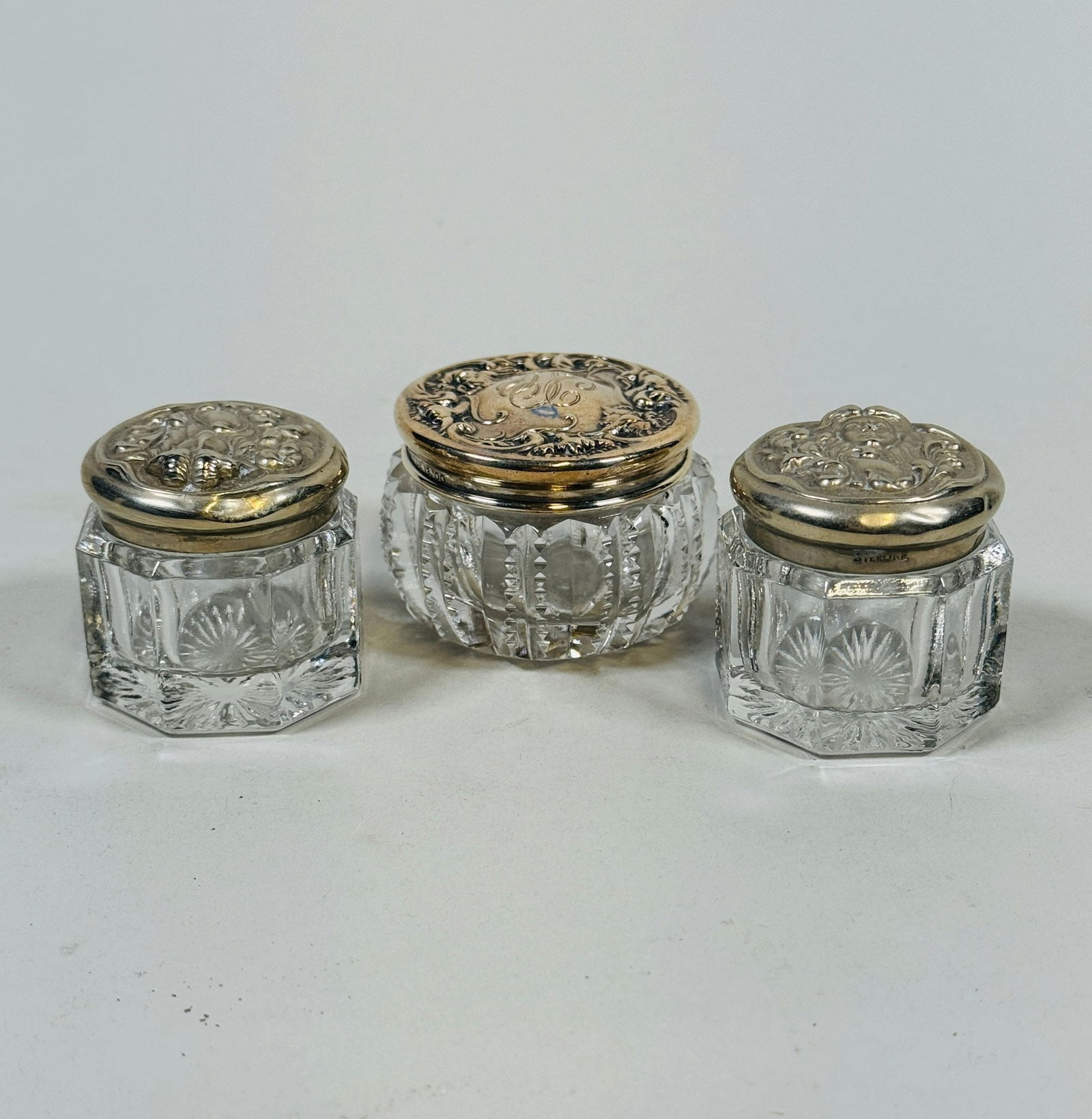 Three Art Nouveau Sterling Silver Cut Glass Vanity Jars, C. 1900 (3) (1 of 9)