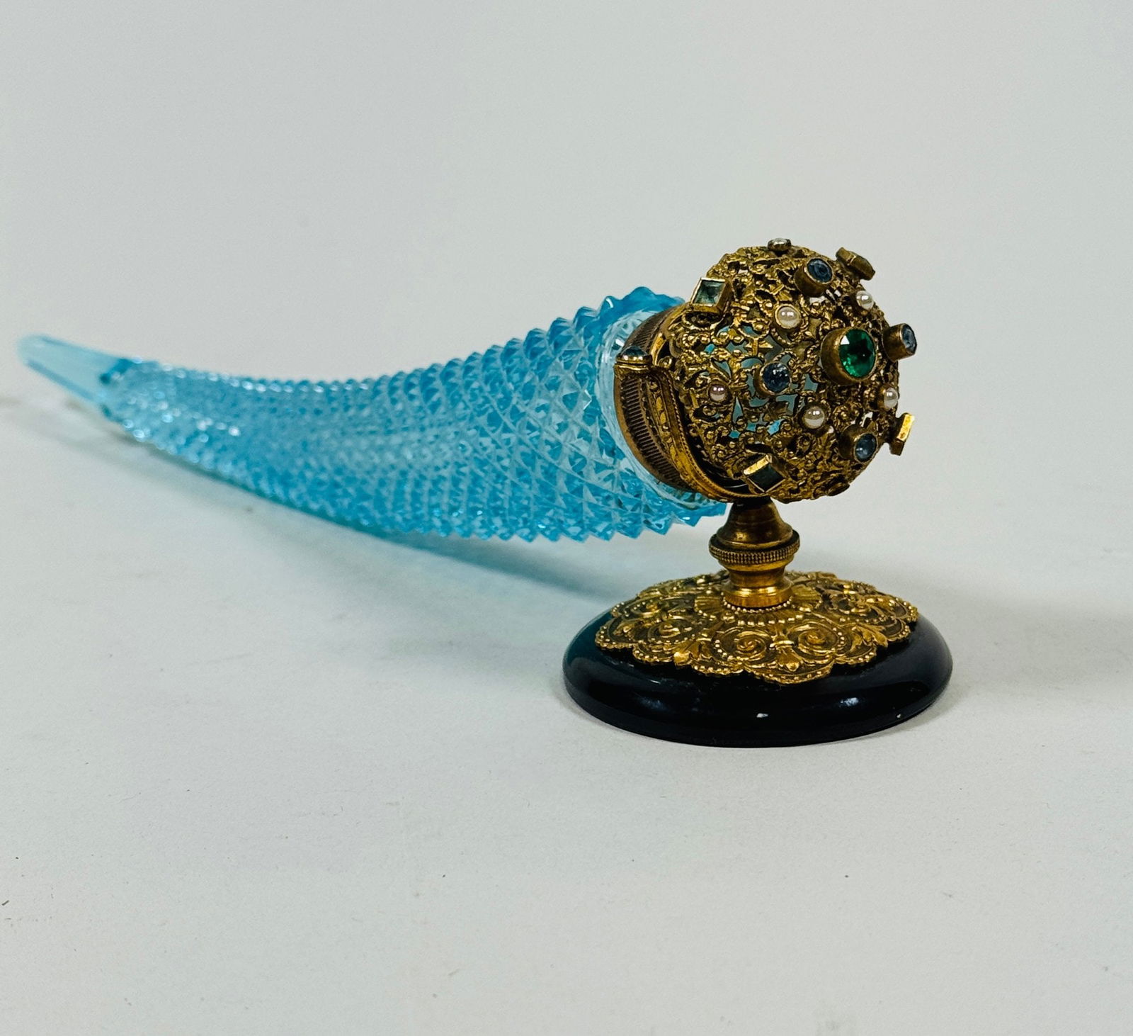 French Cornucopia Shaped Blue Cut Glass And Brass Mounted Scent Bottle On Stand, Early 20th Century: Length of bottle: 8 1/4 inches, Height on stand: 3 3/4 inches