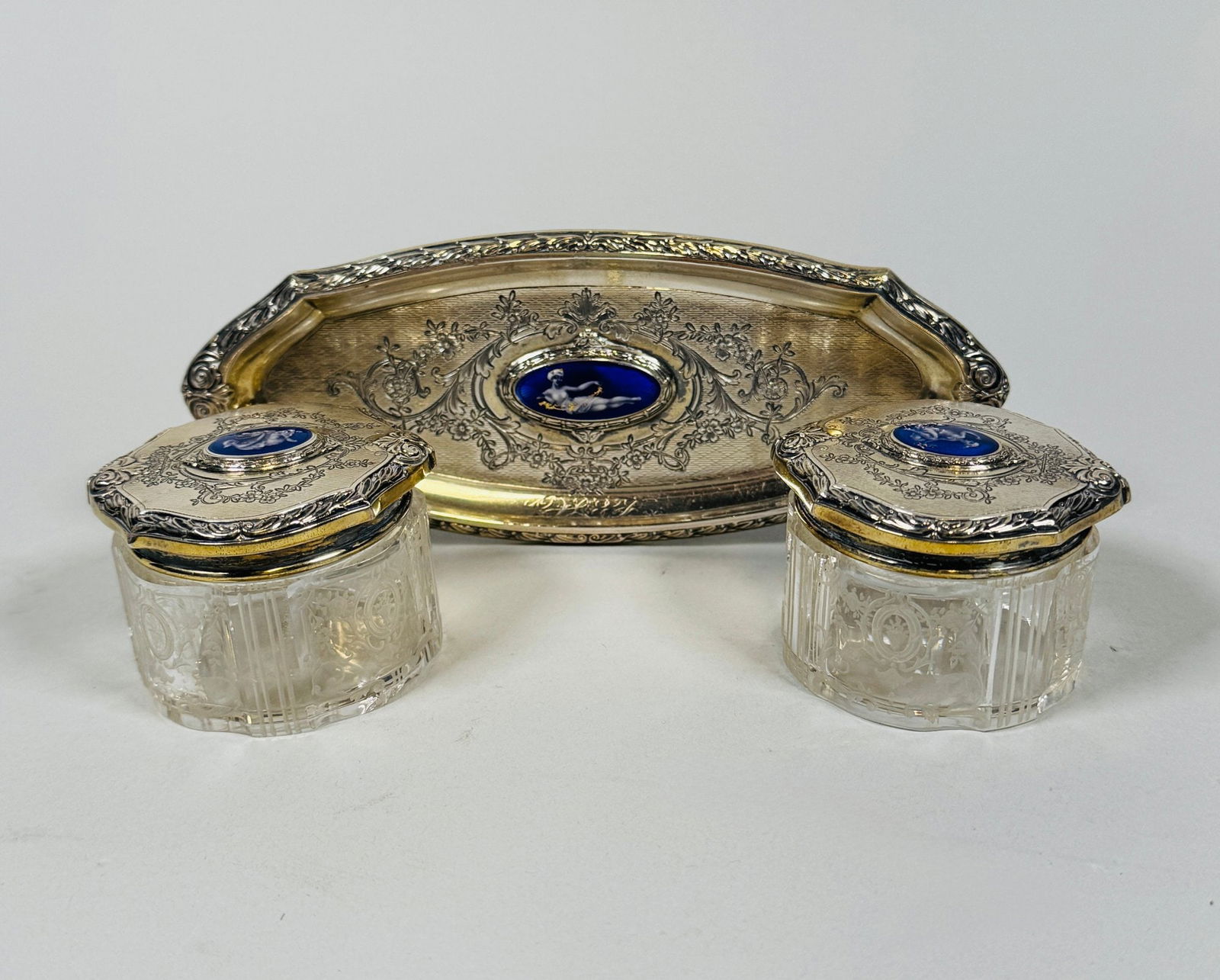 Theodore B. Starr Inc. Pair Of Sterling Silver Top Etched Glass Vanity Boxes And A Oval Tray, C. (1 of 8)
