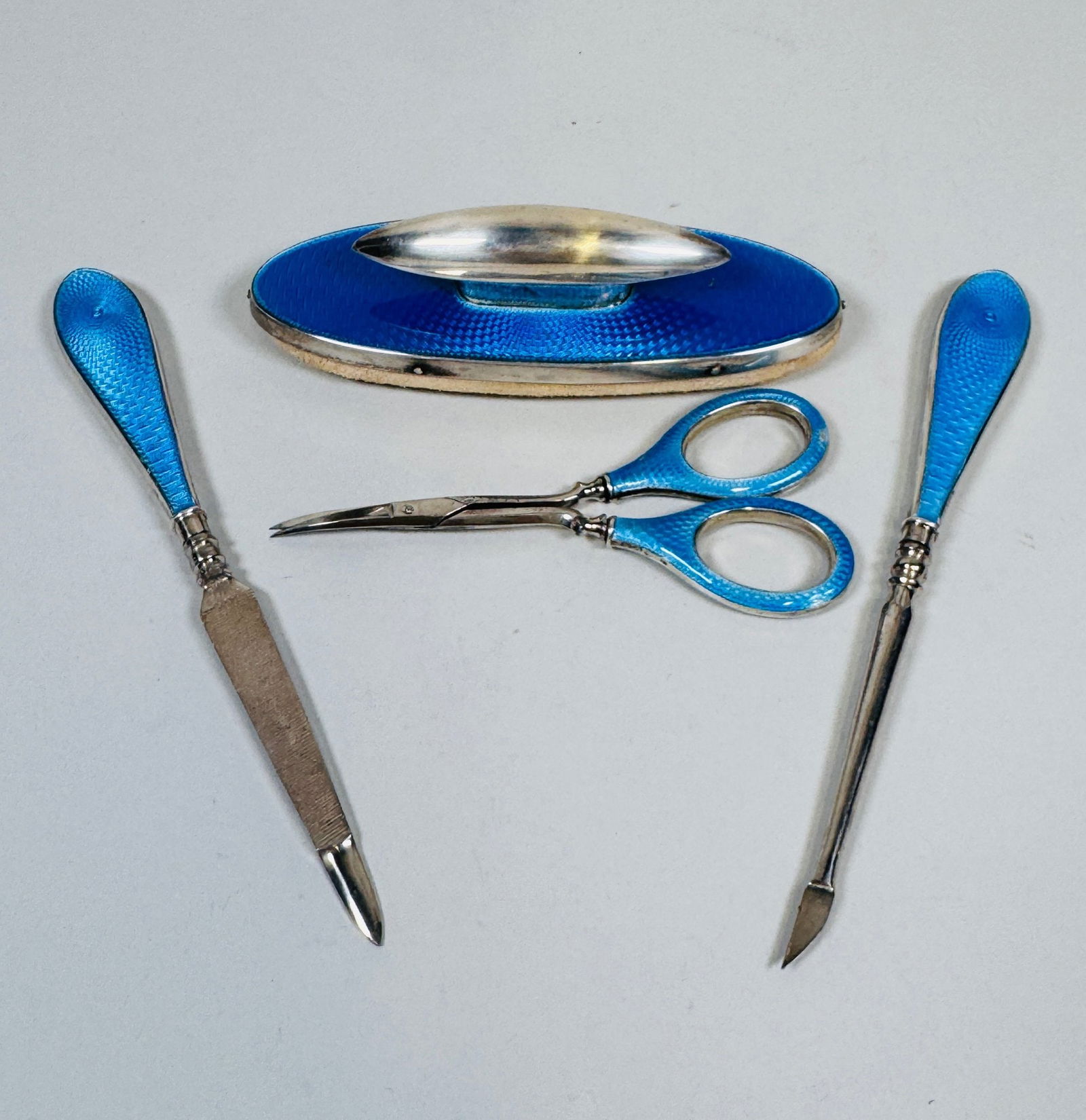 English Sterling Silver Handled And Steel Blue Guilloche Manicure Set, Early 20th Century (4) (1 of 8)