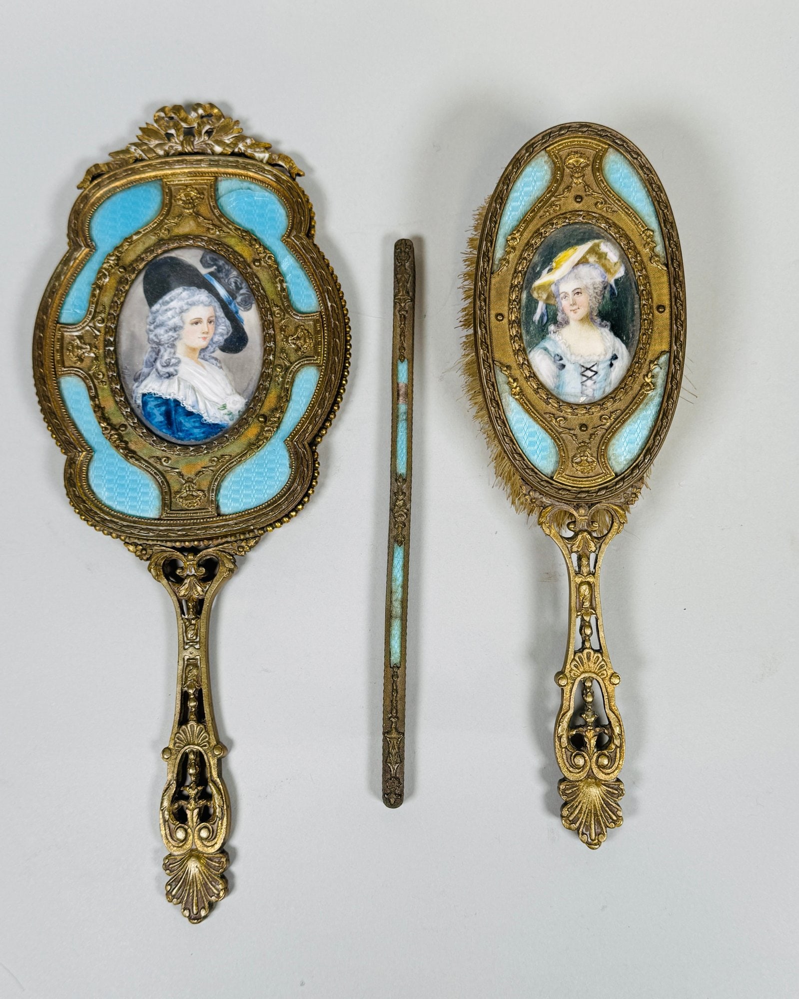 Three French Guilloche Enamel And Brass Vanity Items, C. 1900 (3) (1 of 4)