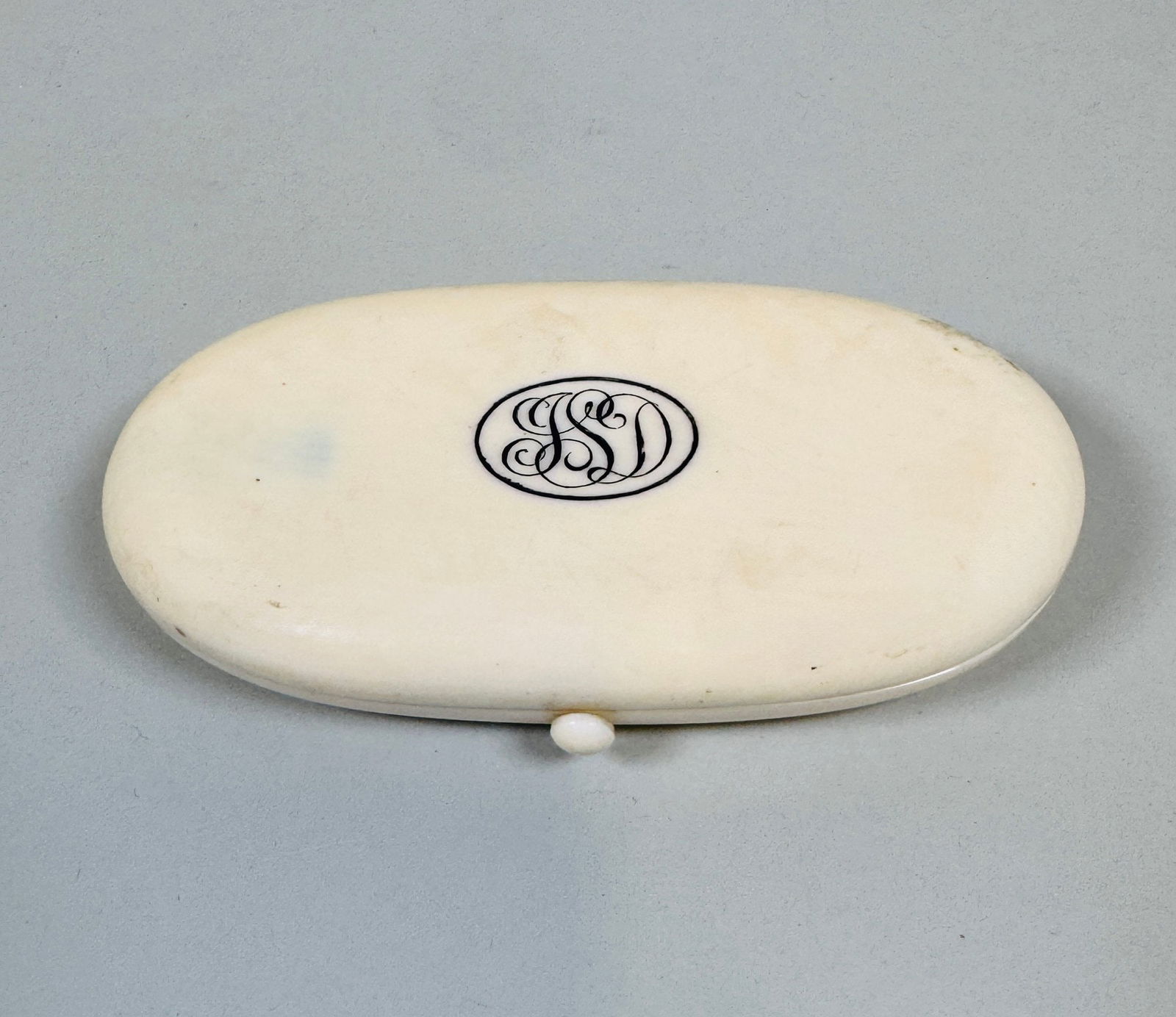 Napoleon III (French) Monogrammed Sewing Kit: housing silver gilt sewing implements with later monogram JSD on lid, H: 2 x w: 4 1/4 inches. CONDITION: case has a light stains on case in two areas