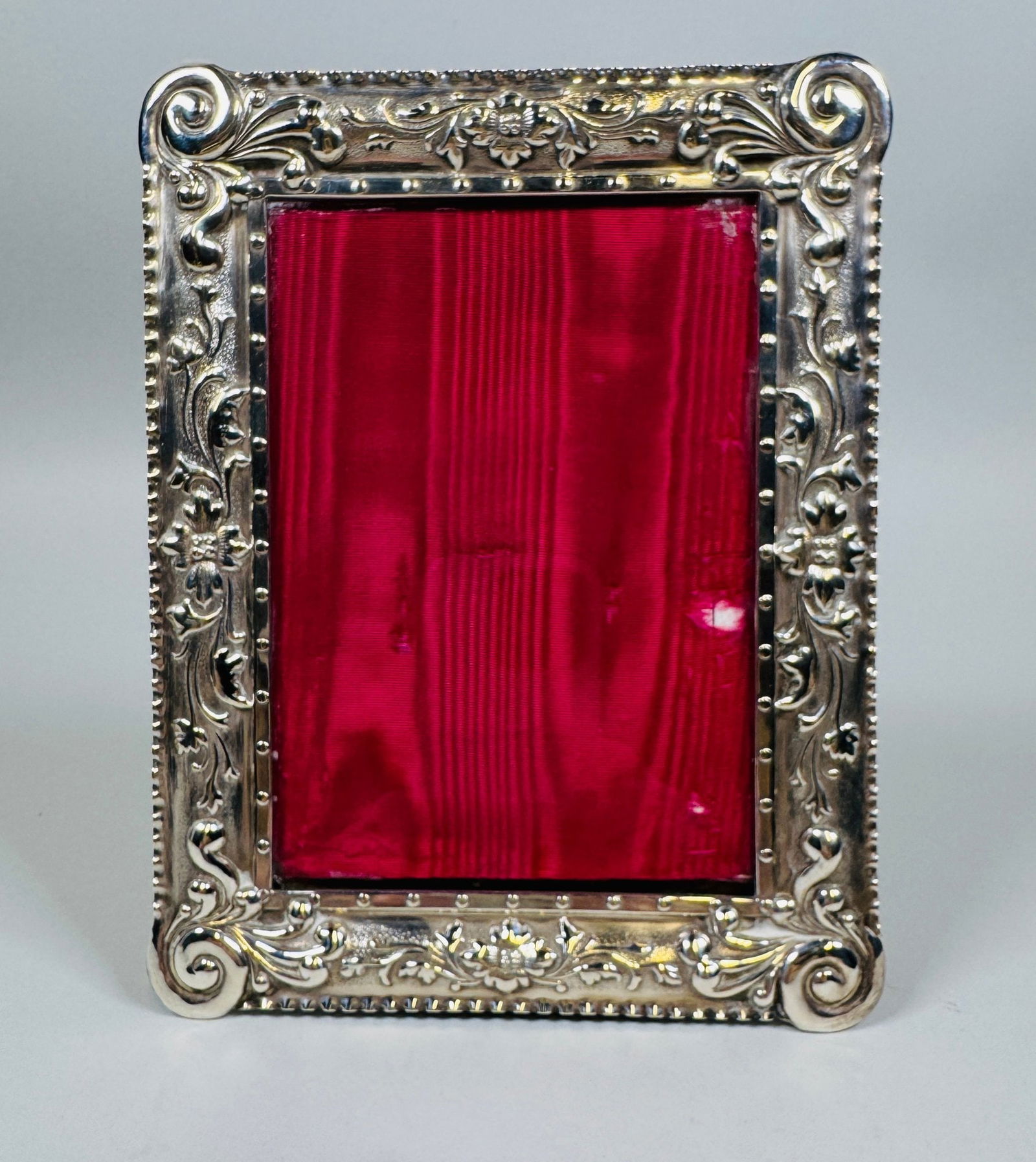 Victorian Tiffany And Co. Sterling Silver Picture Frame: Stamped Tiffany & Co./Sterling Silver/8818M6423, inscribed: "JHP to JCP Chicago 9th May 1888 ”, H: 7 1/2 x w: 5 7/8 inches, picture opening H: 5 3/8 x w: 3 3/4 inches, OZT: 4.27