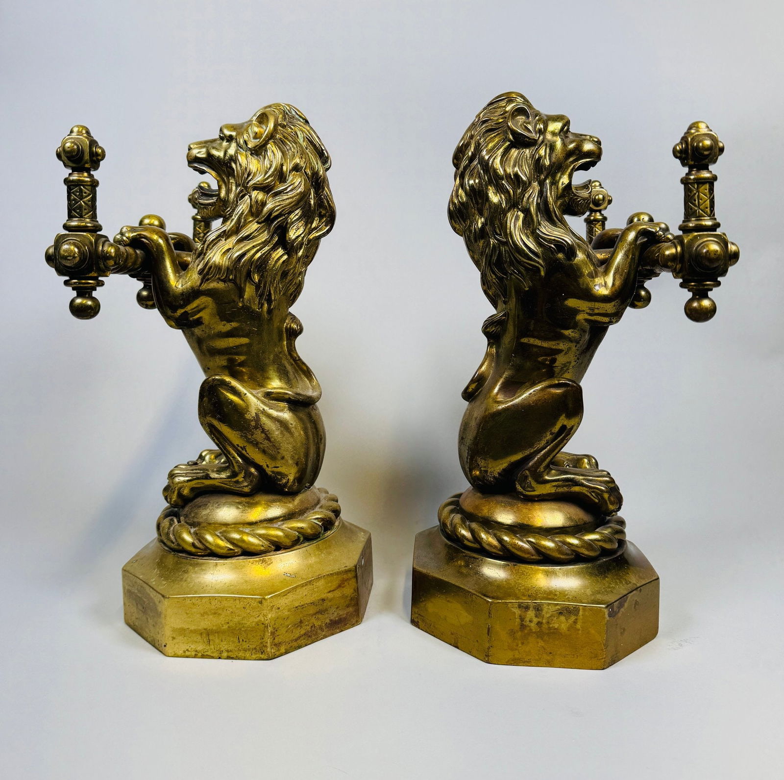 Pair Of Victorian Lion Form Cast Brass Andirons, 19th Century (1 of 6)