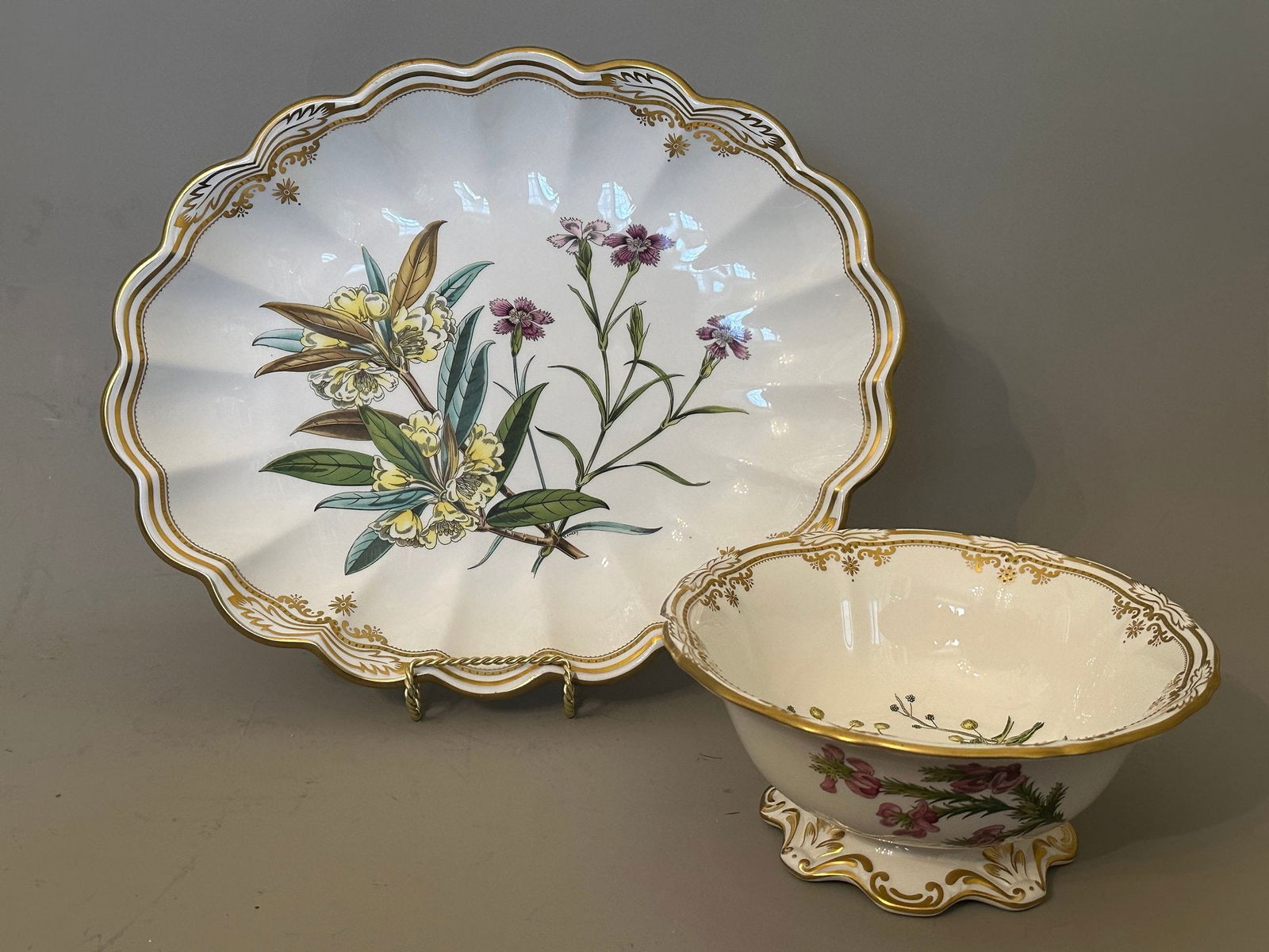 Spode Stafford Flower Oval Serving Platter With Round Footed Bowl: Platter: Rhododendron & Dianthus-W: 14 1/4 inches, Bowl: Sida & Acacia-H: 4 x dia: 8 inches. CONDITION: Bowl is chipped