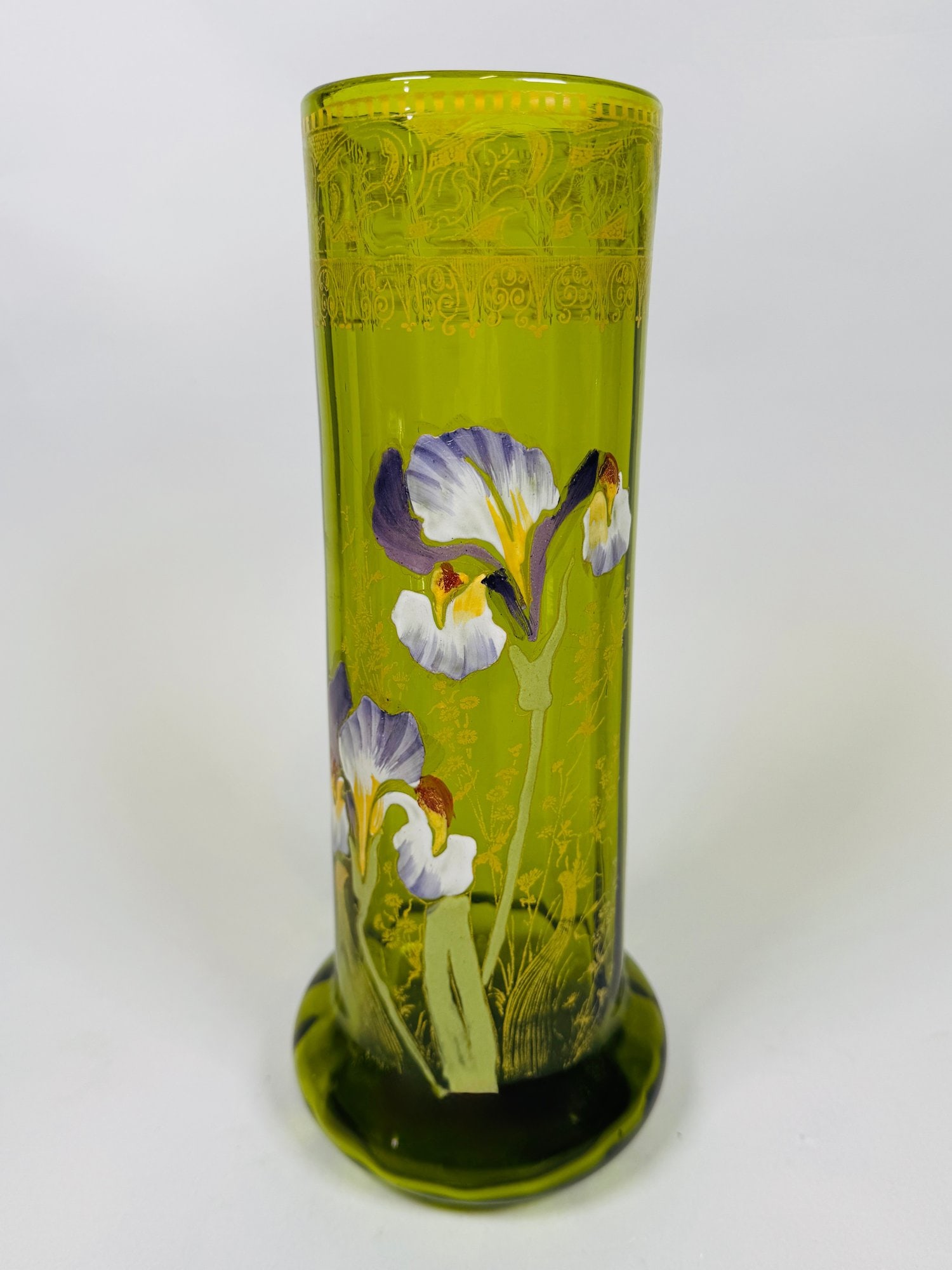 Continental Enameled Green Glass Vase, C. 1900 (1 of 3)