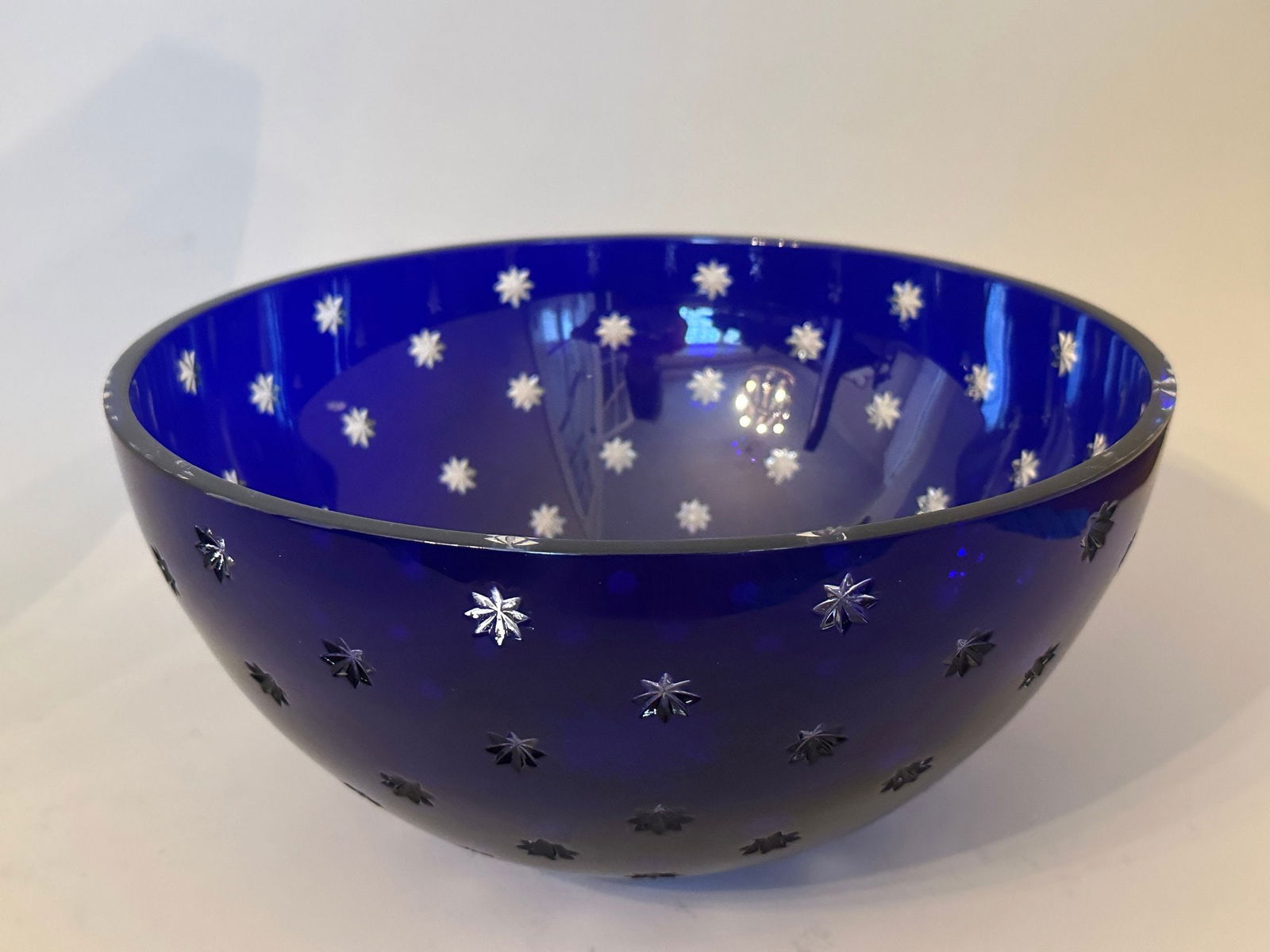 Faberge Galaxie Cobalt Blue Crystal Bowl With Cut Stars: H: 5 x dia. 9 3/4 inches. CONDITION: Excellent, comes with identification card and box