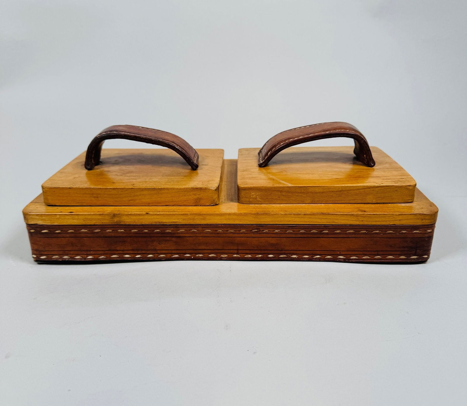 Vintage French Wood And Leather Desk Box, Attributed To Jacques Adnet, C. 1940s: unmarked purchased from Mecox Garden, NY, H: 4 x w: 13 x d: 6 inches