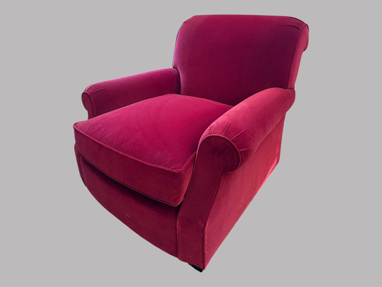Ralph Lauren London Club Red Velvet Arm Chair: duck/down feathered cushions H: 35 x w: 39 x d: 46 inchesCONDITION: Excellent