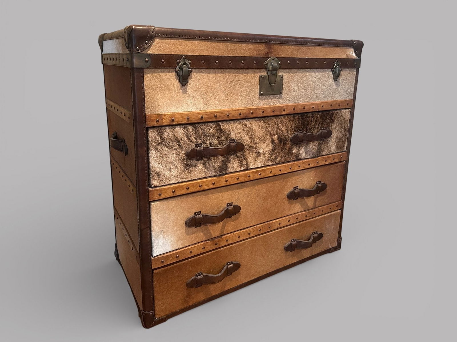 Campaign Style Cowhide Chest Of Drawers, Stamped Bond Street London (1 of 3)