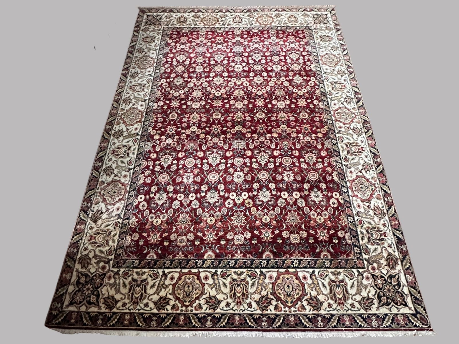 Tabriz Style Hand Knotted Wool Rug: With Burgudy Ground And Cream Border Marketed By ABC Carpet 13 ' 1 x 9' 1/2